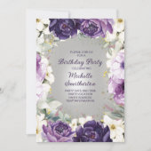 Elegant Paars White Floral Glitter Birthday Invit Kaart (Voorkant)