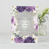 Elegant Paars White Floral Glitter Birthday Kaart (Staand voorkant)