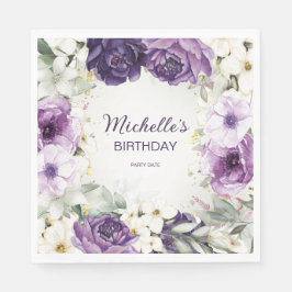 Elegant Paars White Floral Glitter Birthday Name Servet
