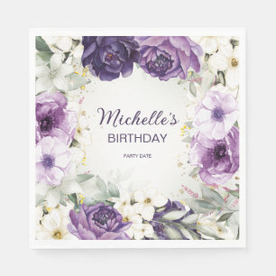 Elegant Paars White Floral Glitter Birthday Name Servet