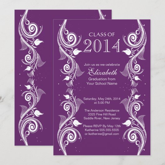 Elegant Paars White Graduparty Invitation Kaart (Voorkant / Achterkant)