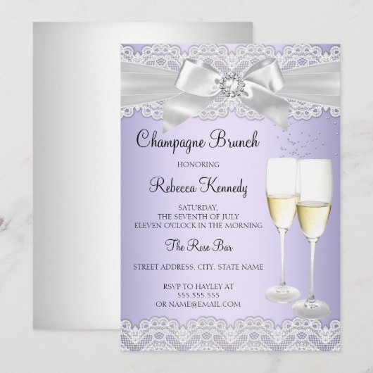 Elegant Paars White Lace Champagne Brunch Invite Kaart (Voorkant / Achterkant)