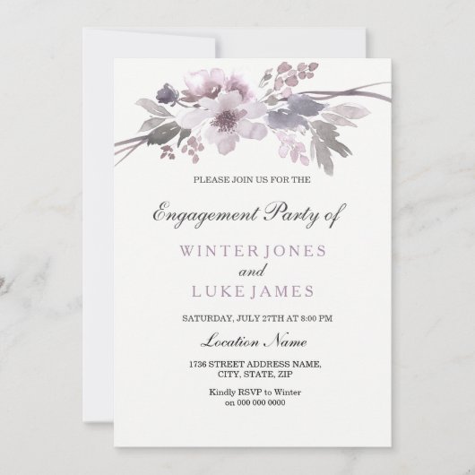 Elegant Paars Winter Floral Verloving Invite Kaart (Voorkant)