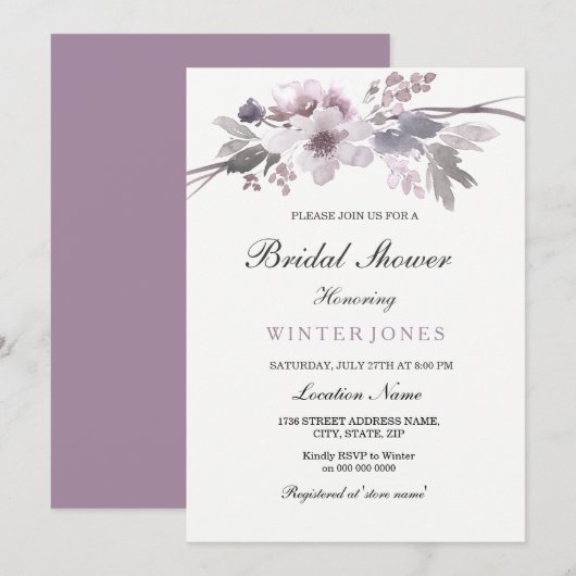 Elegant Paars Winter Floral Vrijgezellenfeest Invi Kaart (Voorkant / Achterkant)