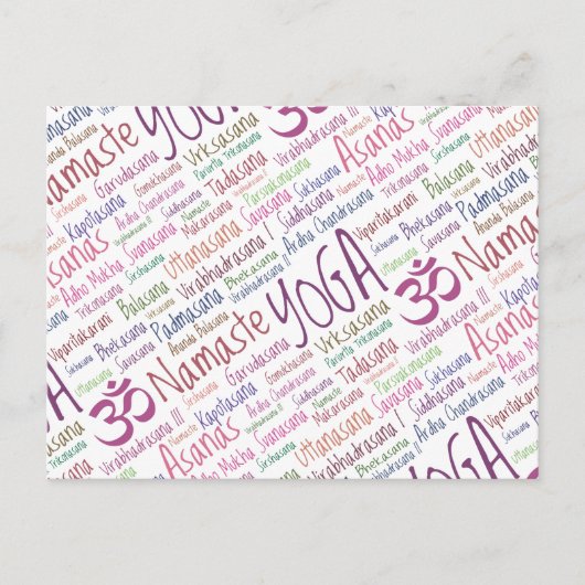 Elegant Paars Yoga Posities Word Cloud Pattern Briefkaart (Voorkant)