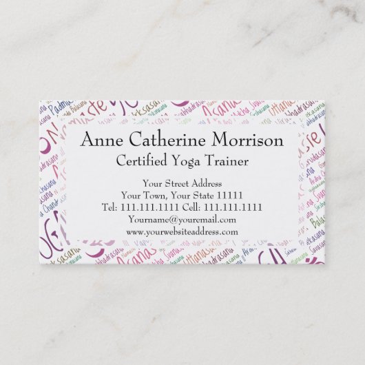 Elegant Paars Yoga Posities Word Cloud Pattern Visitekaartje (Voorkant)