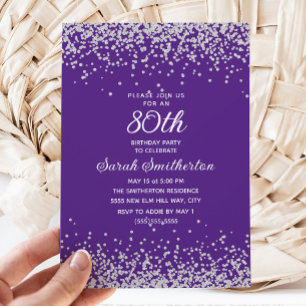 Elegant Paars Zilver Glitter Volwassene 80ste Verj Kaart