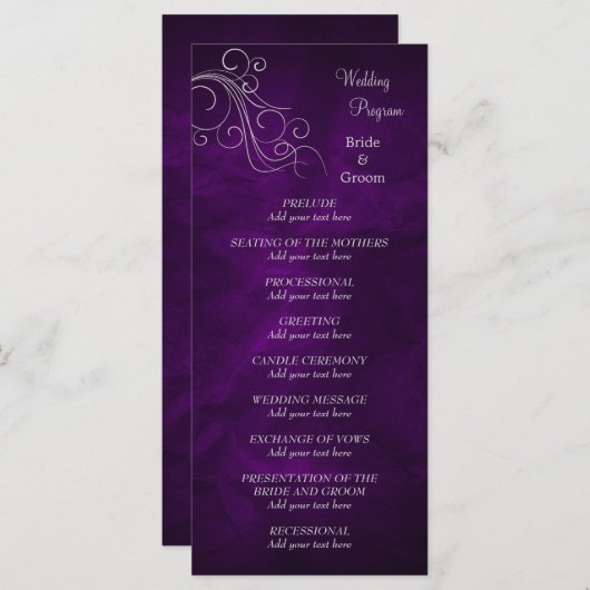 Elegant Paars Zilveren Huwelijksprogramma Programmakaart (Voorkant / Achterkant)