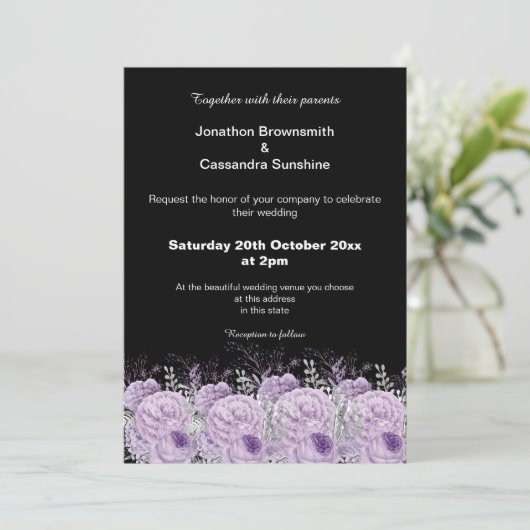 ELEGANT PAARS ZWARTE FLORAL GLITTER WEDING KAART (Staand voorkant)
