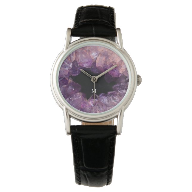 Elegant paarse amethist mineraal patroon monogram horloge (Voorkant)