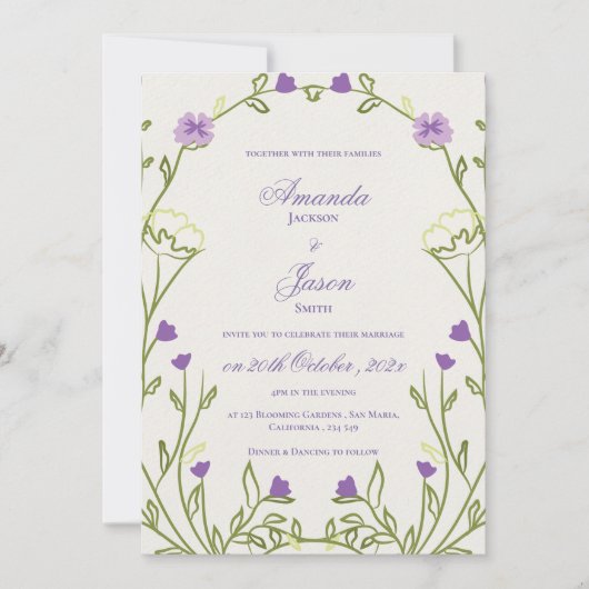Elegant  Paarse Blauw Bloemen Lijst Bruiloft Kaart (Voorkant)