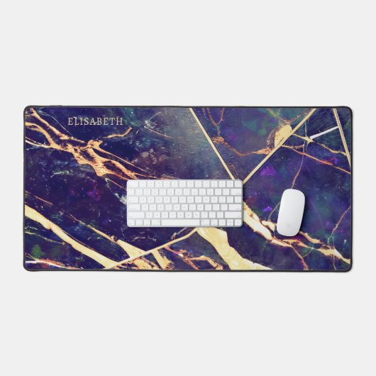 Elegant Paarse Blauw Goud Marmer Naam toevoegen Mo Bureaumat (Keyboard & Muis)