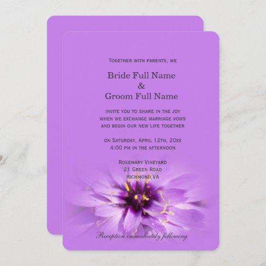 Elegant, paarse bloembruiloft kaart (Voorkant / Achterkant)