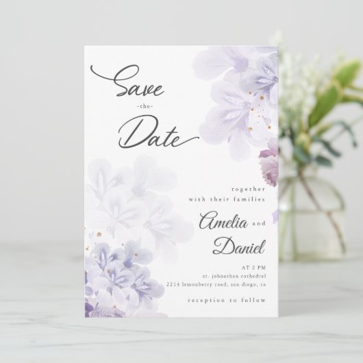 Elegant paarse bloemen bruiloft Sparen de Datum Kaart (Staand voorkant)
