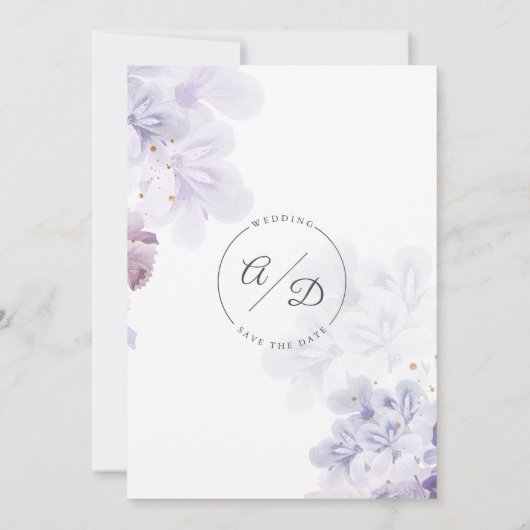 Elegant paarse bloemen bruiloft Sparen de Datum Kaart (Achterkant)