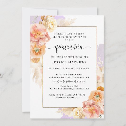 Elegant, Paarse bloemen en Waterverf Quinceañera Kaart (Voorkant)