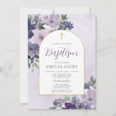 Elegant Paarse Bloemen Gouden Boog Meisje Dopen Kaart (Voorkant)