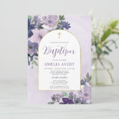 Elegant Paarse Bloemen Gouden Boog Meisje Dopen Kaart (Staand voorkant)
