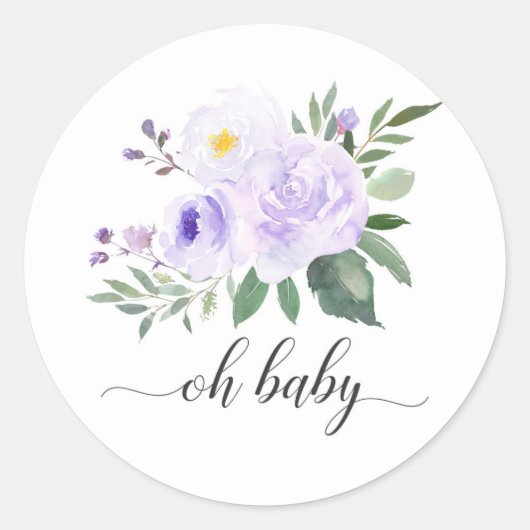 Elegant Paarse Bloemen Oh Baby shower Ronde Sticker (Voorkant)