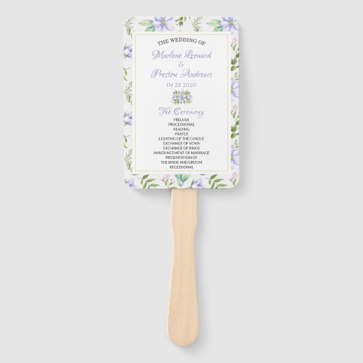 Elegant Paarse Bloemen Trouwprogramma Hand Fan Handwaaier (Voorkant)