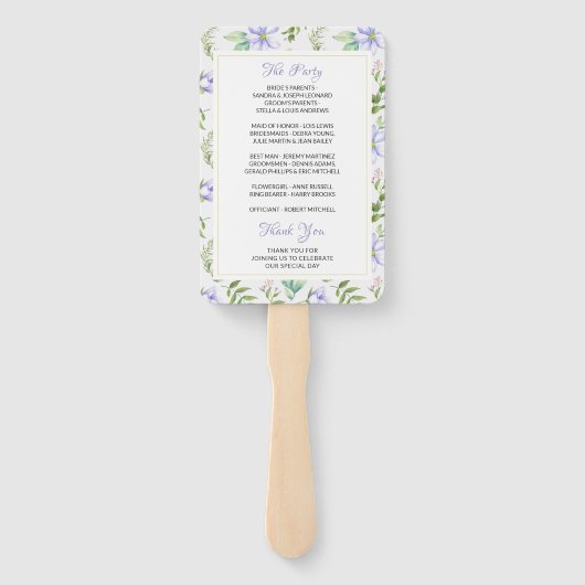 Elegant Paarse Bloemen Trouwprogramma Hand Fan Handwaaier (Achterkant)