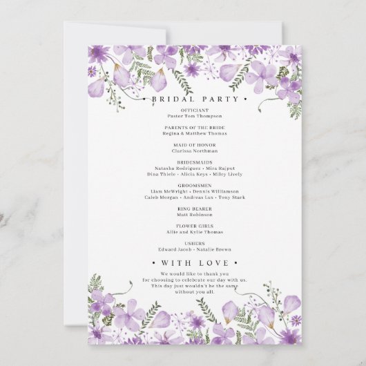 Elegant Paarse Bloemen Vrijgezellenfeest Programma (Achterkant)