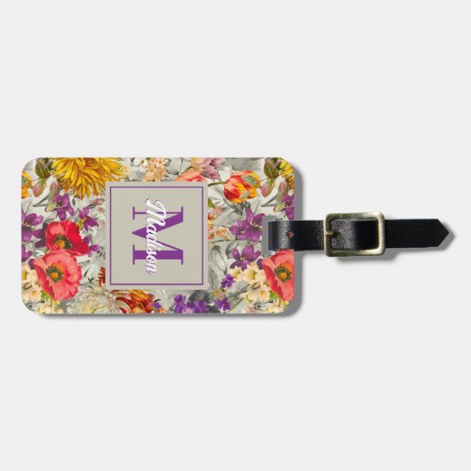 Elegant paarse bloemengrijs patroonmonogram bagagelabel (Voorkant horizontaal)