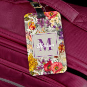 Elegant paarse bloemengrijs patroonmonogram bagagelabel