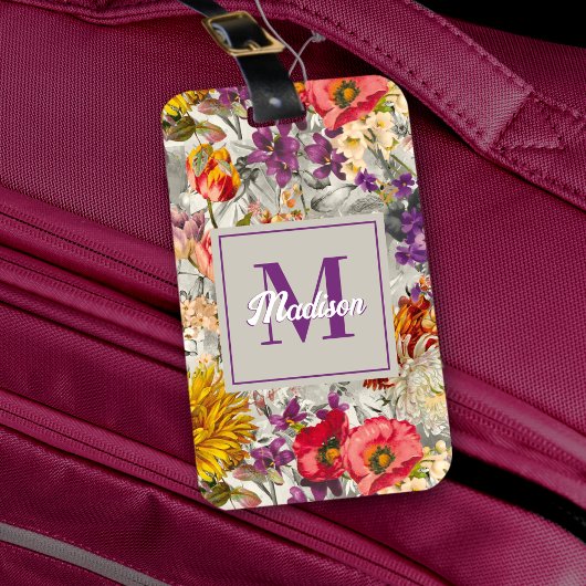 Elegant paarse bloemengrijs patroonmonogram bagagelabel