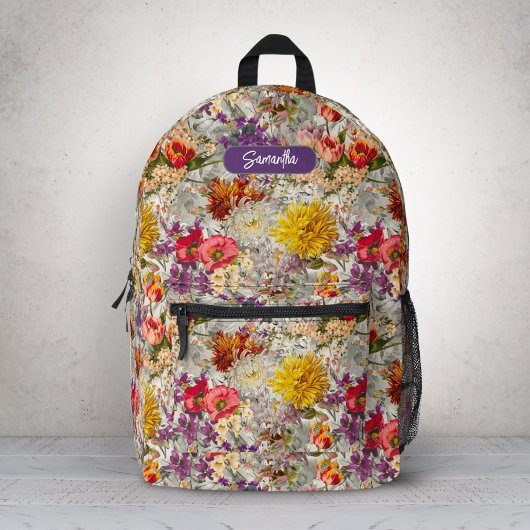 Elegant paarse bloemengrijs patroonmonogram bedrukte rugzak