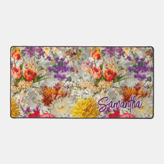 Elegant paarse bloemengrijs patroonmonogram bureaumat (Voorkant)