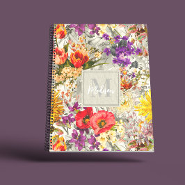Elegant paarse bloemengrijs patroonmonogram notitieboek
