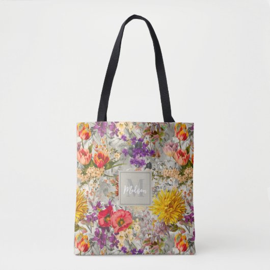 Elegant paarse bloemengrijs patroonmonogram tote bag (Voorkant)