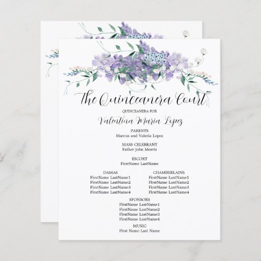 Elegant Paarse bloemenquinceanera programma (Voorkant / Achterkant)