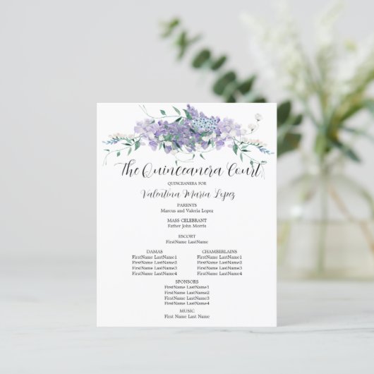 Elegant Paarse bloemenquinceanera programma (Staand voorkant)