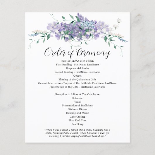 Elegant Paarse bloemenquinceanera programma (Achterkant)