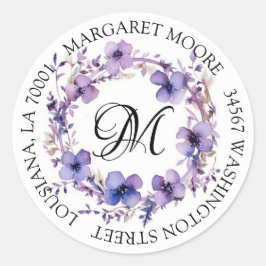 Elegant Paarse bloemenscript monogram adres Ronde Sticker