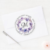 Elegant Paarse bloemenscript monogram adres Ronde Sticker (Envelop)
