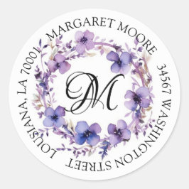 Elegant Paarse bloemenscript monogram adres Ronde Sticker