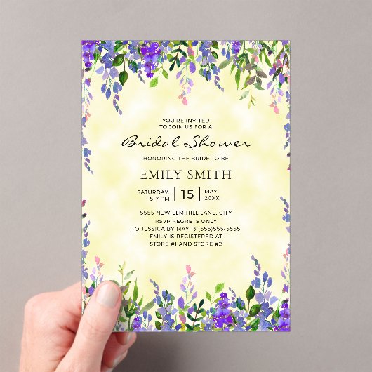 Elegant Paarse Bloemgeel Vrijgezellenfeest Acryl Uitnodigingen (Insitu (Draagbaar))