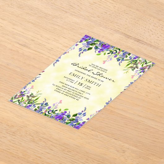 Elegant Paarse Bloemgeel Vrijgezellenfeest Acryl Uitnodigingen (Laagn)