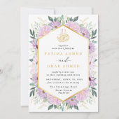 Elegant Paarse bloemgoud verlaat moslim bruiloft Kaart (Voorkant)