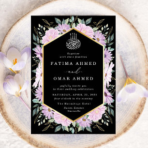 Elegant Paarse bloemgoud verlaat moslim bruiloft Kaart