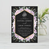 Elegant Paarse bloemgoud verlaat moslim bruiloft Kaart (Staand voorkant)