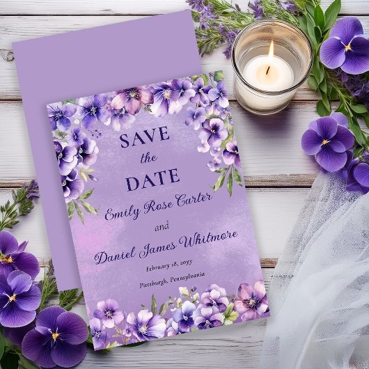 Elegant Paarse Bloemige Bruiloft  Save The Date