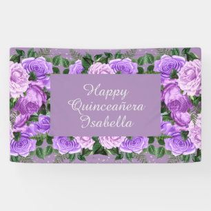 Elegant Paarse Bloemige Gelukkige Quinceañera  Spandoek
