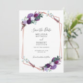 Elegant Paarse Bloemige Geometrische Script Save The Date (Staand voorkant)