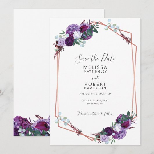 Elegant Paarse Bloemige Geometrische Script Save The Date (Voorkant / Achterkant)