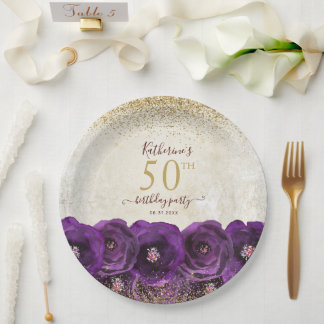 Elegant Paarse Bloemige Gouden 50ste Verjaardagsfe Papieren Bordje