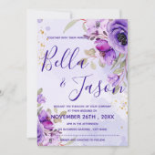 Elegant Paarse Blue Waterverf Floral Wedding Kaart (Voorkant)